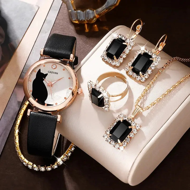 6PCS Set Women Fashion Quartz Watch Female Clock Cute Cat Dial Luxury Brand Design Ladies Leather Wrist Watch Montre Femme