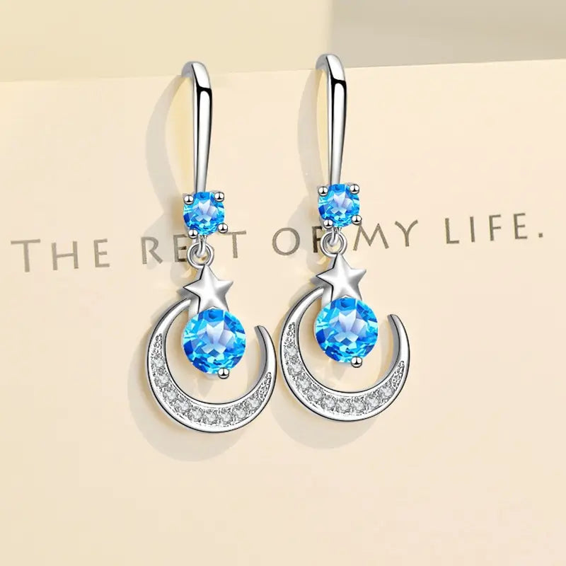 Female Fashion Star Moon Earrings 925 Sterling Silver White Sapphire Pink Blue White Artificial Dangle Earrings