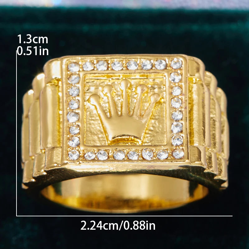 Europe and The United States Retro Inlaid Shiny Zircon Drip Oil Crown Pattern Gold Colour Ring Men's Luxury Glamour Accessories