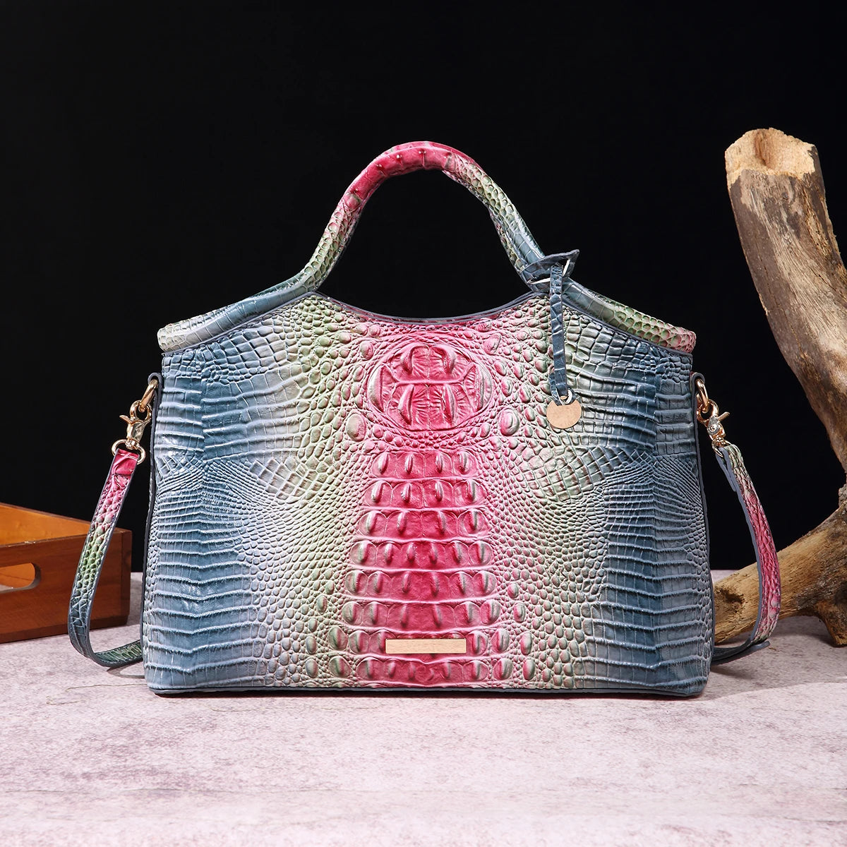 Genuine leather crocodile pattern colorful solid color high-end retro women's handbag