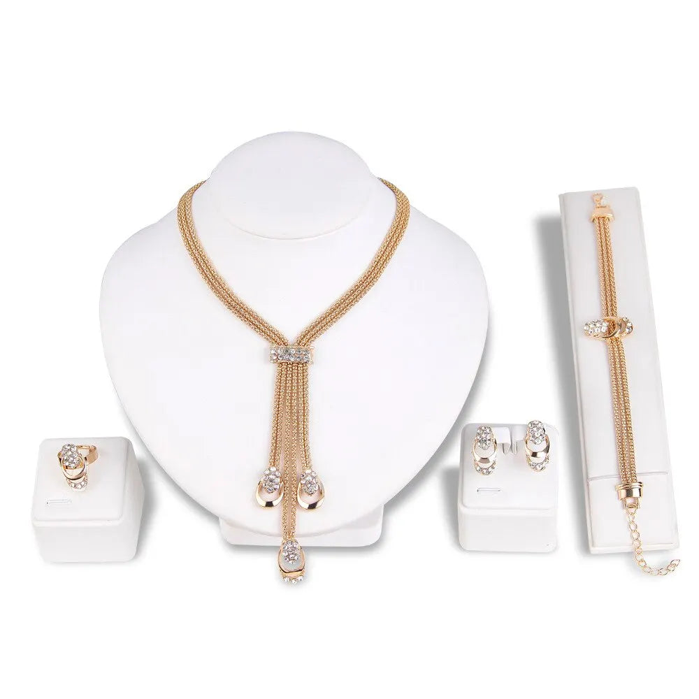 4Pcs Jewelry Set Rings Necklace Earrings Bracelet High Performance Golden Jewelry For Women