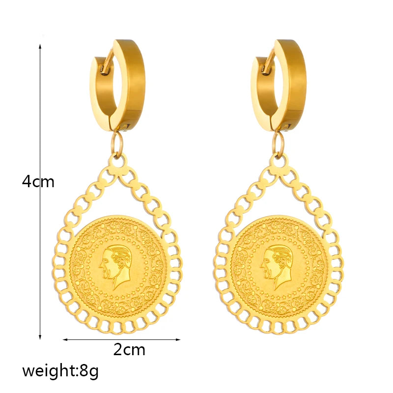 DIEYURO 316L Stainless Steel Water-drop Portrait Coin Earrings For Women Girl Fashion Ear Buckle Non-fading Jewelry Gift Party