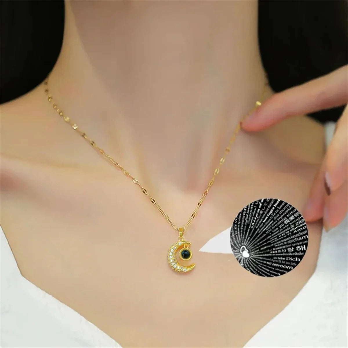 Fashion Trend Stainless Steel Moon Necklace Gold Color for Women Girl Moon Clavicle Pendant 100 Languages I Love You Gift