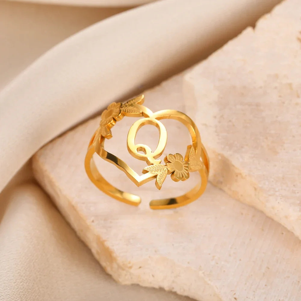 Stainless Steel Initials Flower Heart Rings Gold Color Adjustable Delicate Letter Leaf Rings for Women Girl Alphabet Jewelry