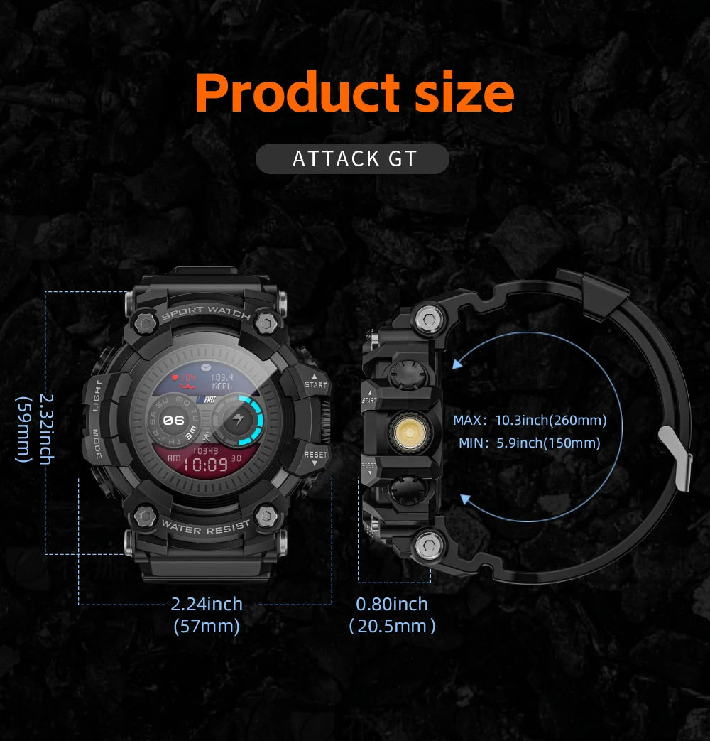 LOKMAT Rugged Sport Smart Watch ATTACK-GT Bluetooth Calls Colorful Waterproof Military Smartwatches with Flashlight for Phone