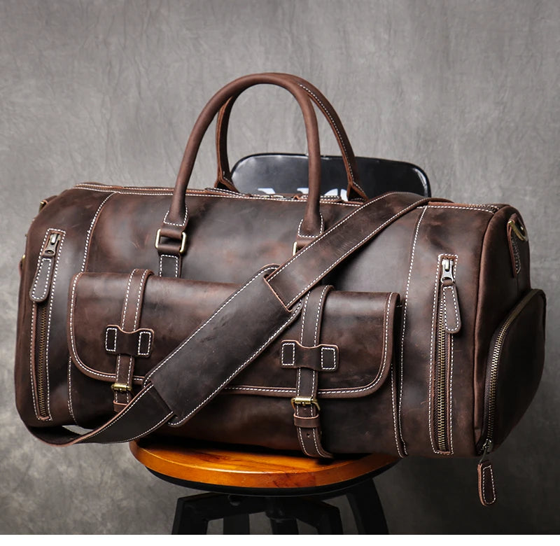 MUNUKI Vintage Crazy Horse Genuine Leather Travel bag  Large Luggage bag men Leather duffle bag Large Weekend Bag Tote Big