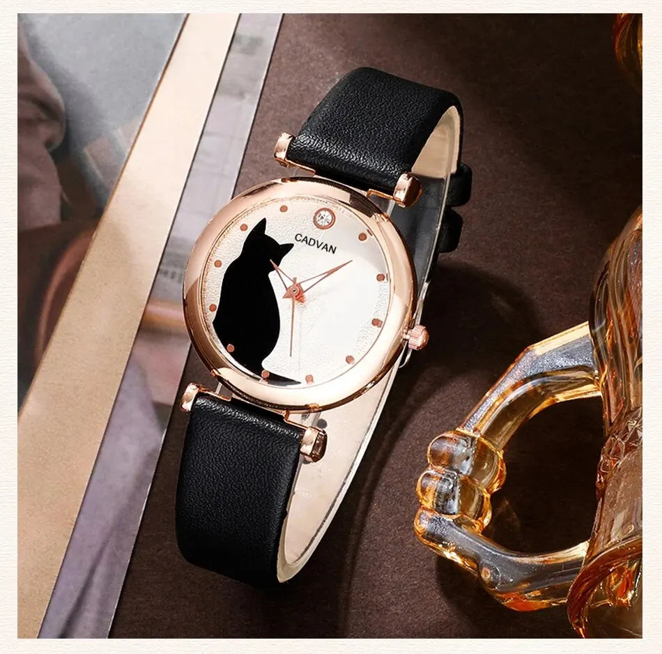 6PCS Set Women Fashion Quartz Watch Female Clock Cute Cat Dial Luxury Brand Design Ladies Leather Wrist Watch Montre Femme