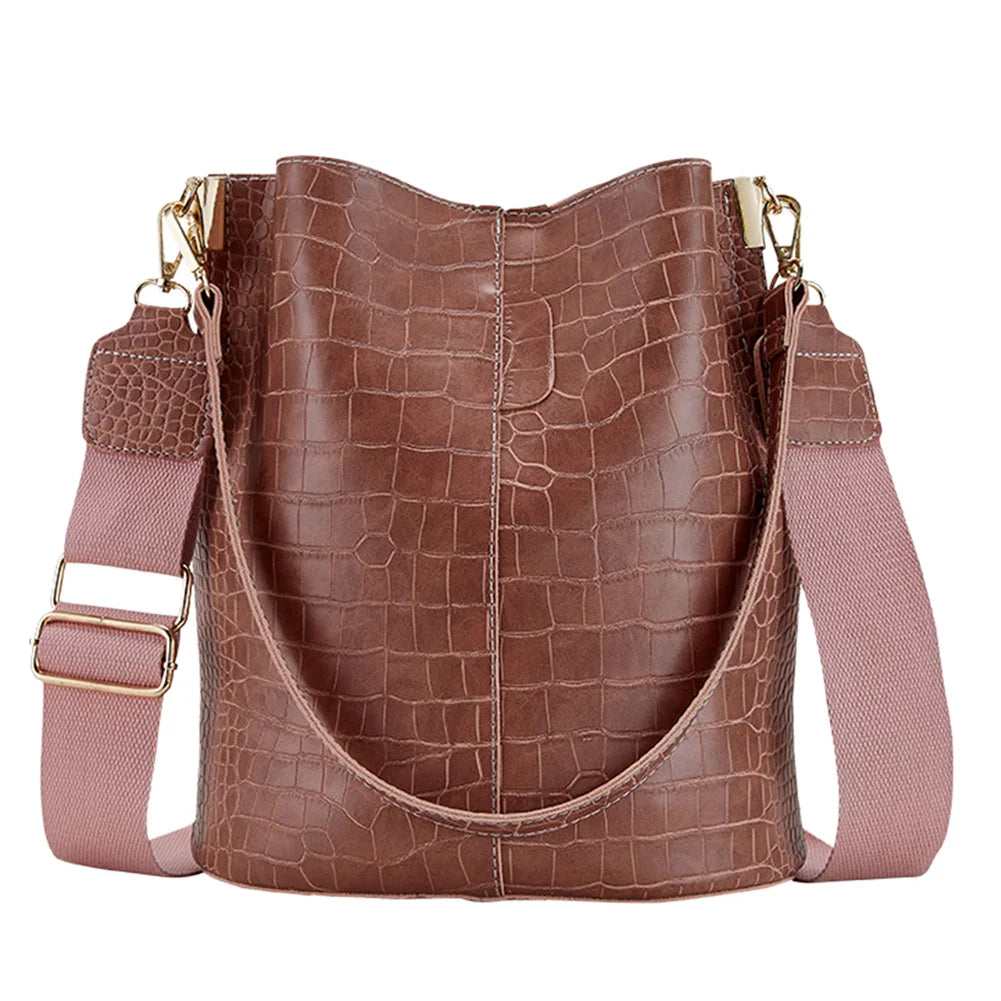 Leather Crossbody Bags Women Large-capacity Patchwork Fashion Bucket Bags Crocodile Pattern Shoulder Messenger Handbag