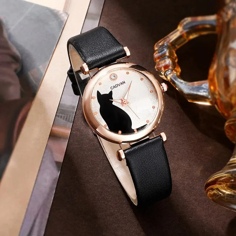 6PCS Set Women Fashion Quartz Watch Female Clock Cute Cat Dial Luxury Brand Design Ladies Leather Wrist Watch Montre Femme