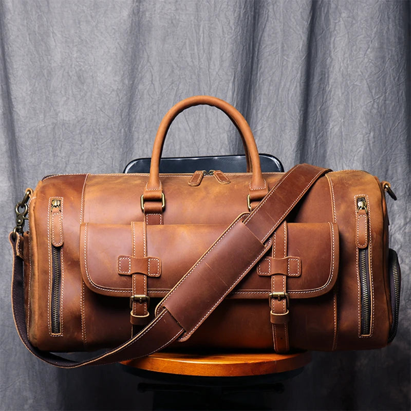 MUNUKI Vintage Crazy Horse Genuine Leather Travel bag  Large Luggage bag men Leather duffle bag Large Weekend Bag Tote Big