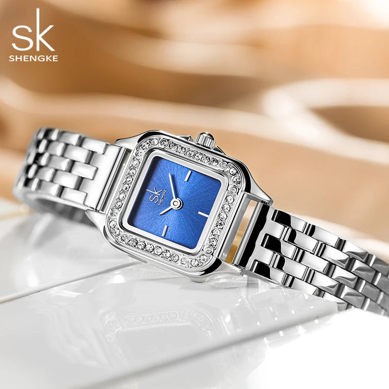 SHENGKE Elegant Silver Stainless Steel Women Watches Fashion Small Dial Square Woman's Quartz Wristwatches Ladies New Gift Clock