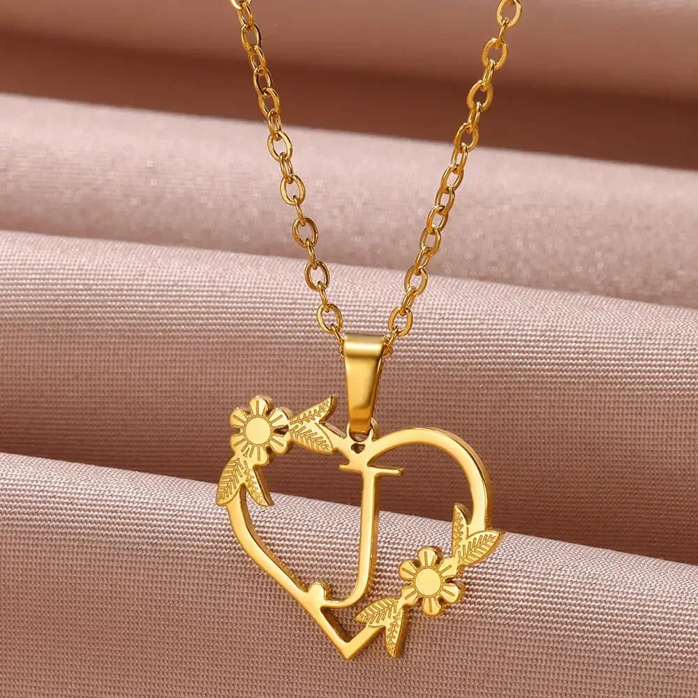 Gold Color Dainty Flower Initials Necklace Women Girl Stainless Steel Heart Letter Choker Necklace Best Gifts Alphabet Jewelry