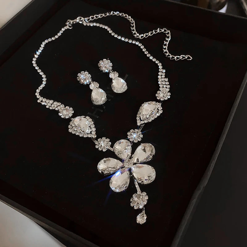 Large Water Drop Flower Necklace Earrings Set Shining Full Rhinestone Necklace For Women Bridal Wedding Party Jewelry Sets