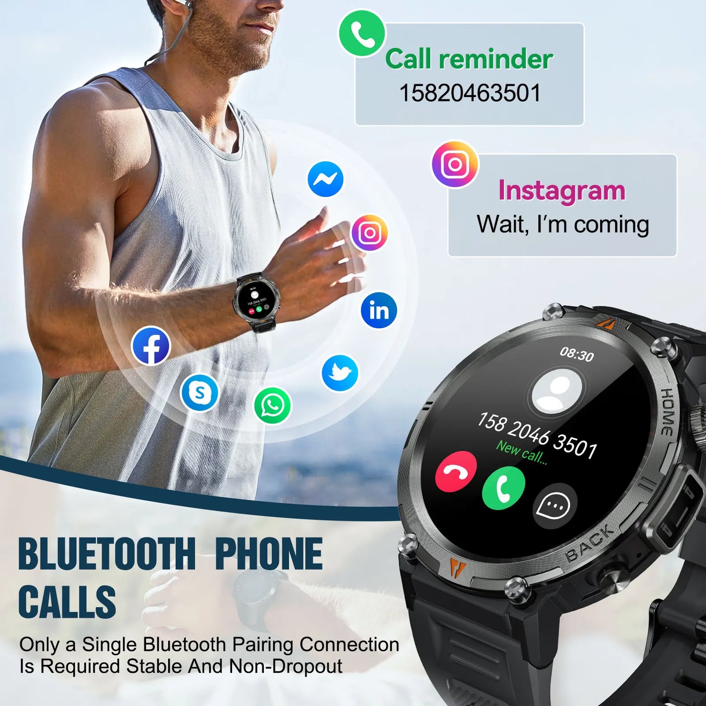 EIGIIS 2024 New KE3 Bluetooth Call Smart Watch Men Full Touch Screen Health Monitor Clock With Flashlight  For IOS Android