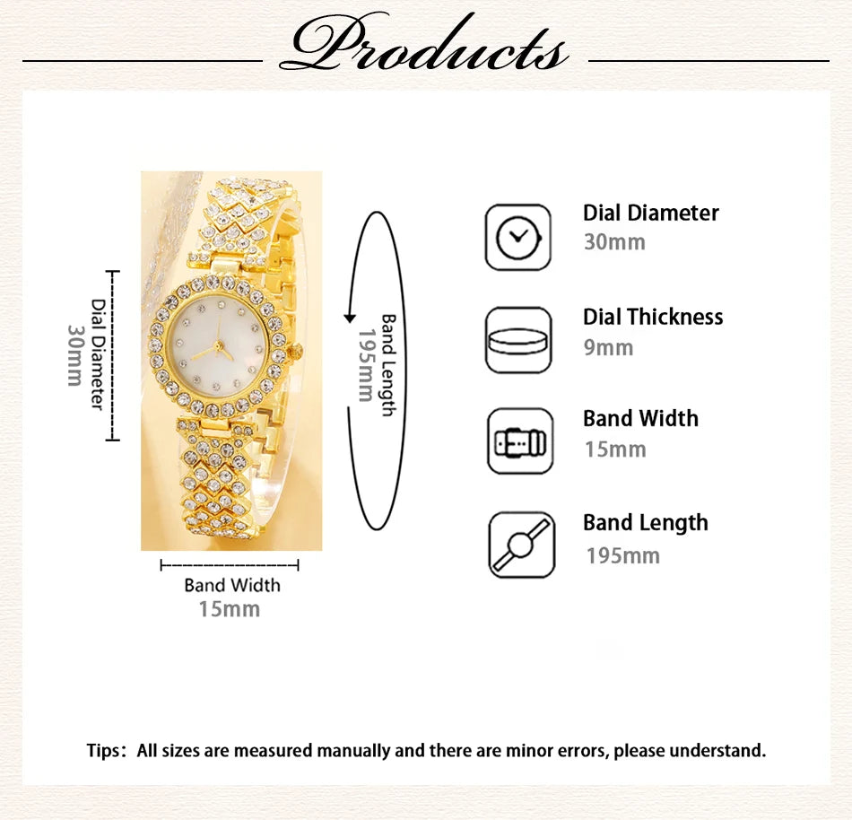 6PCS Set Luxury Watch Women Ring Necklace Earring Rhinestone Fashion Wristwatch Casual Ladies Watches Bracelet Set Clock