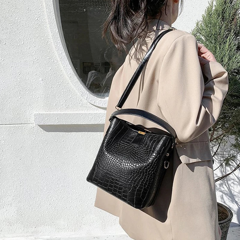 Vintage Alligator Leather Handbag Shoulder Crossbody Bags Fashion Female Bucket Bag Large Capacity Women Tote Bag