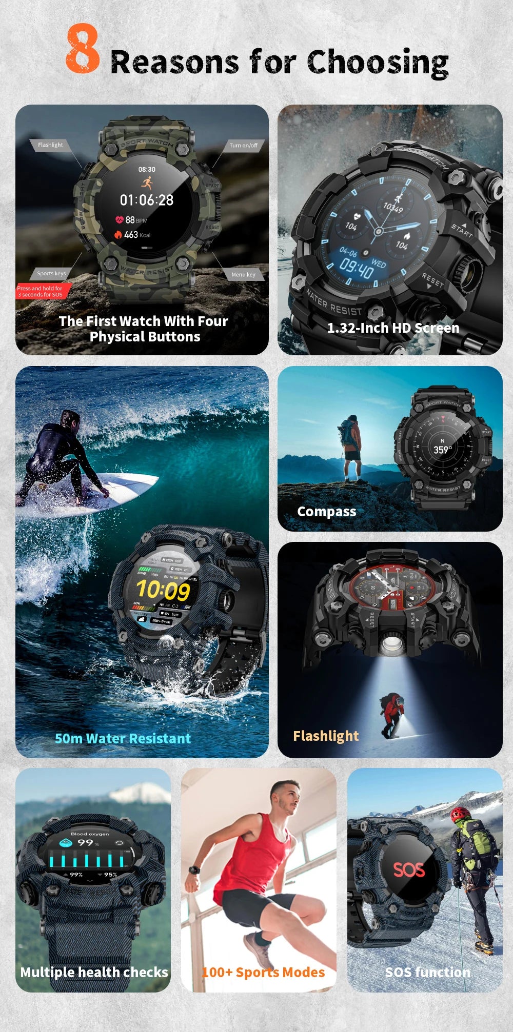 LOKMAT Rugged Sport Smart Watch ATTACK-GT Bluetooth Calls Colorful Waterproof Military Smartwatches with Flashlight for Phone