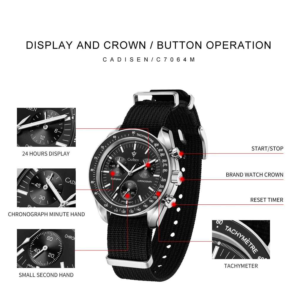 CADISEN New Men's Watches Luxury Quartz Wrist Watch For Men Sapphire AR Coated Crystal Canvas VK68 Speed Chronograph Automatic