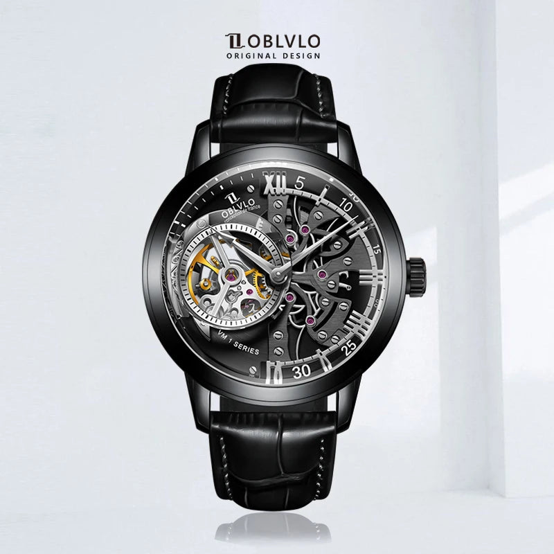 OBLVLO Retro Casual Men Skeleton Automatic Watches Mechanical Calfskin Strap Mineral Crystal Glass Waterproof Clock Dial 45mm VM