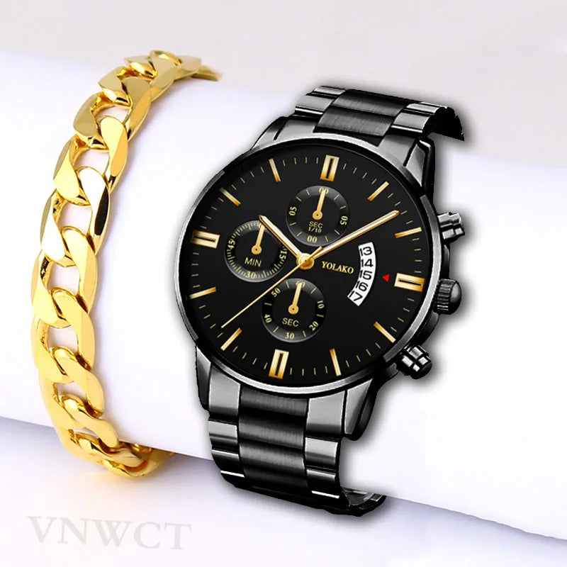 Luxury Men Steel Golden Watch Calendar Quartz Wristwatch Chain Bracelet Business Watches Man Clock for Men Relogio Masculino