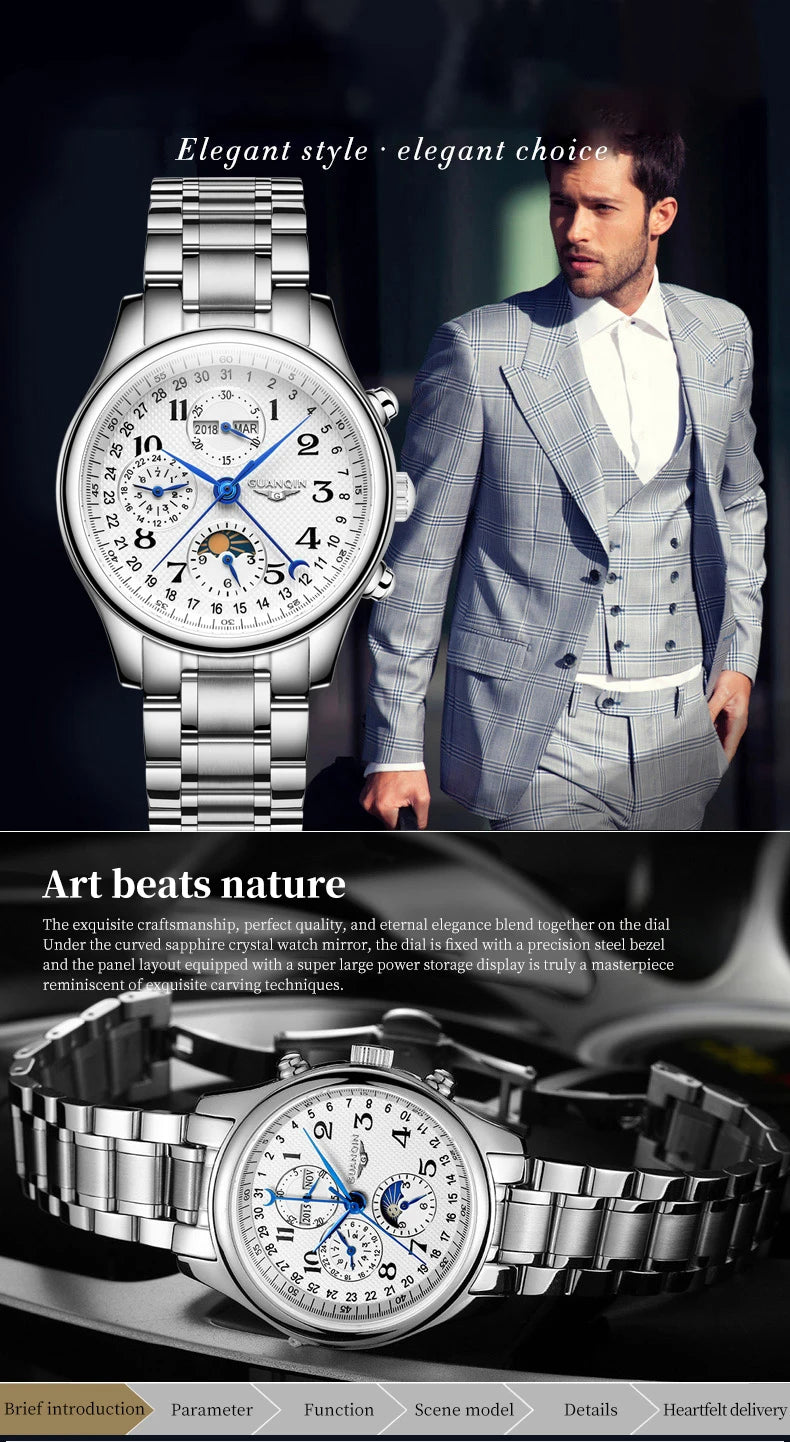 GUANQIN 2024 Men watches Top brand Luxury Mechanical Automatic Stainless steel Waterproof Moon Phase Watch Sapphire Wristwatch