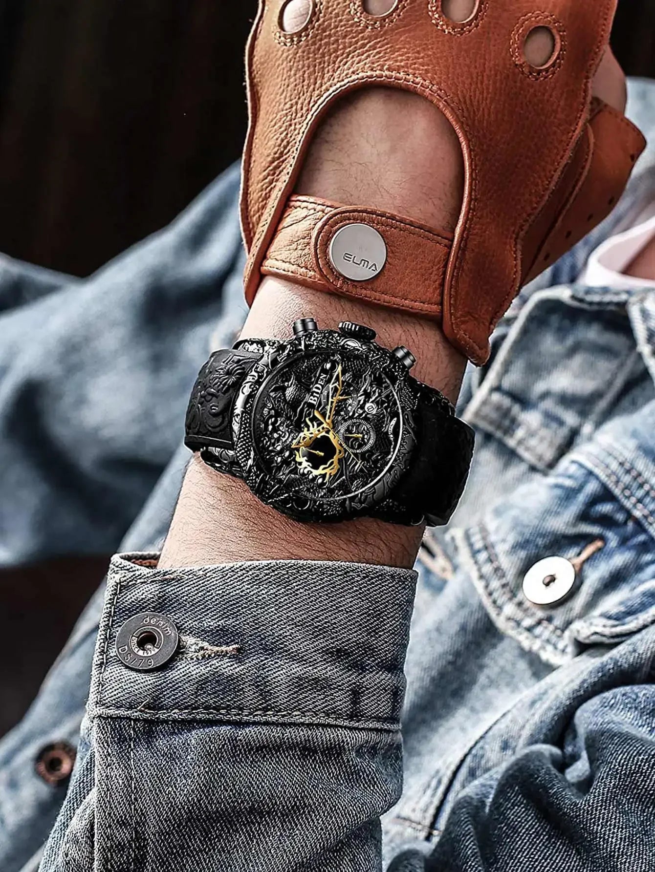 BIDEN Luxury Men's Watch Multi functional Six Needle Creative 3D Carving Dragon Design Waterproof Leisure Quartz Men's Clock