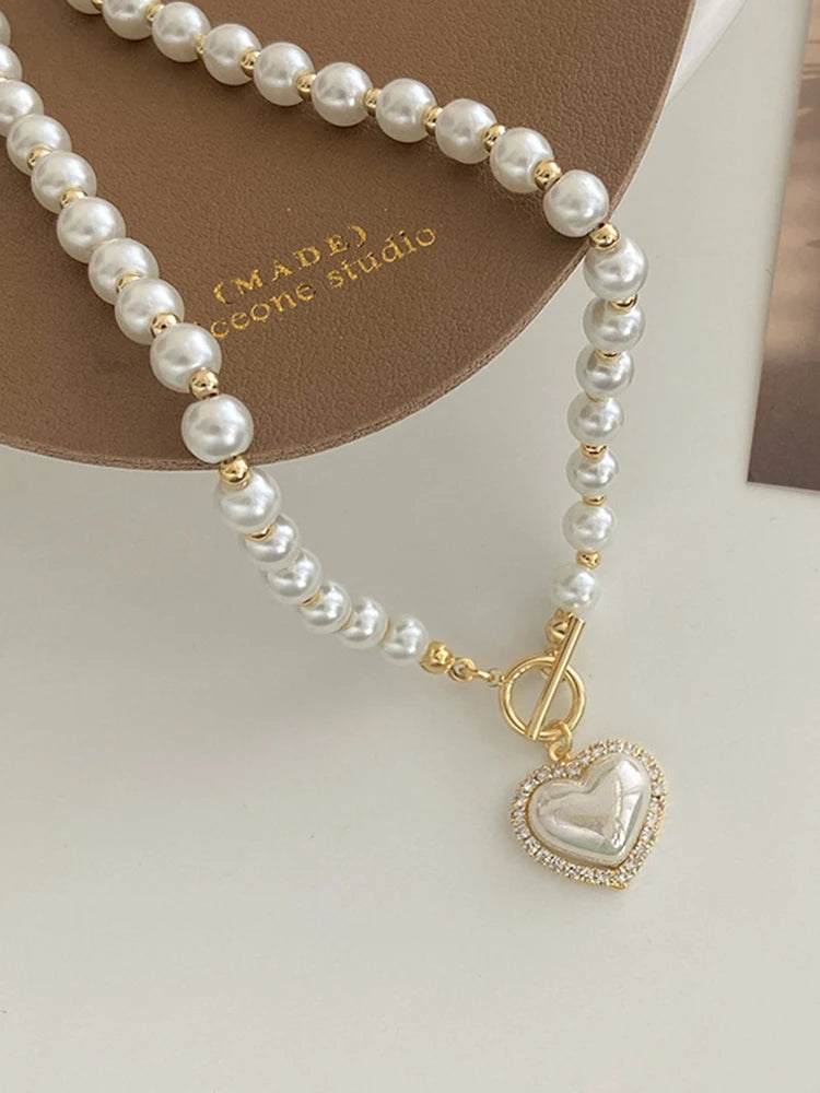 Elegant Pearl Necklace For Women Heart Pendant Necklaces Luxury Imitation Pearls Chain Necklaces Korean Jewelry Girls Gifts