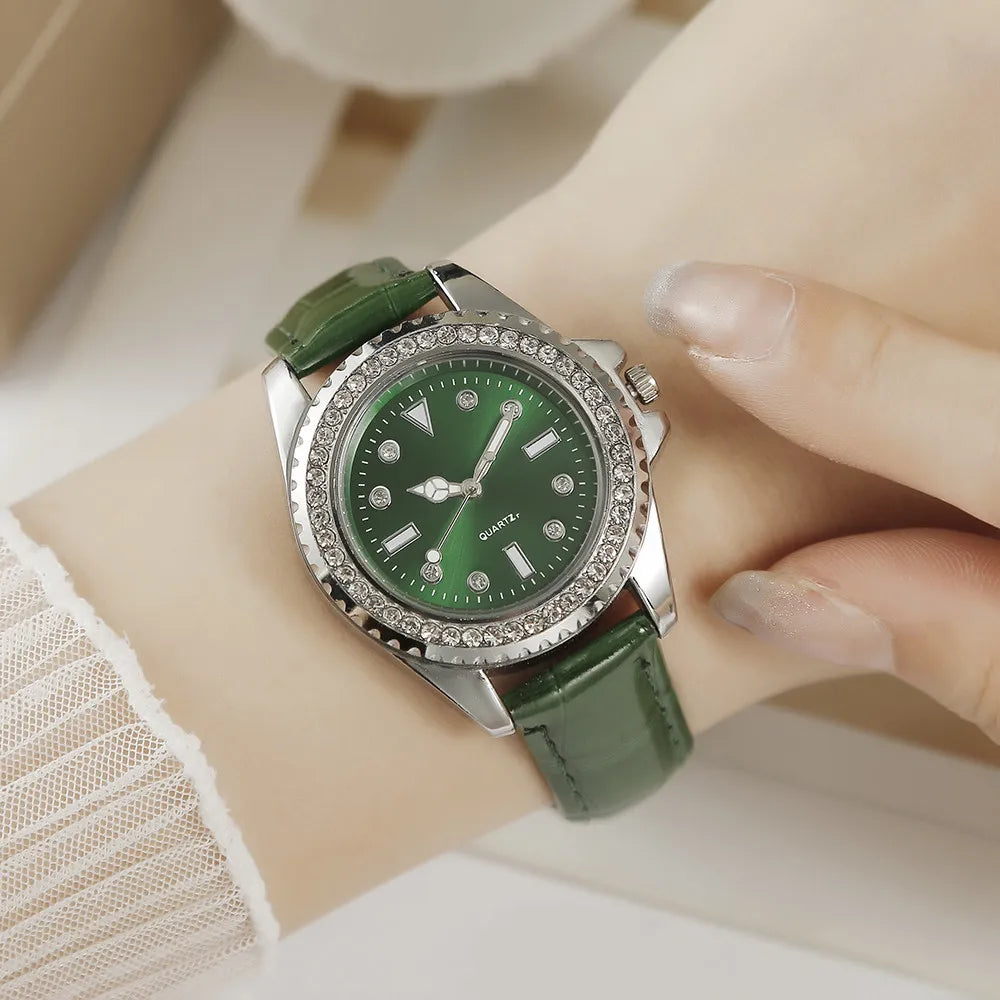 Ladies Luxury Diamond Branded Quartz Watch Fashion 2024 New Simple Green Leather Women's Dress Clock Watch DDP