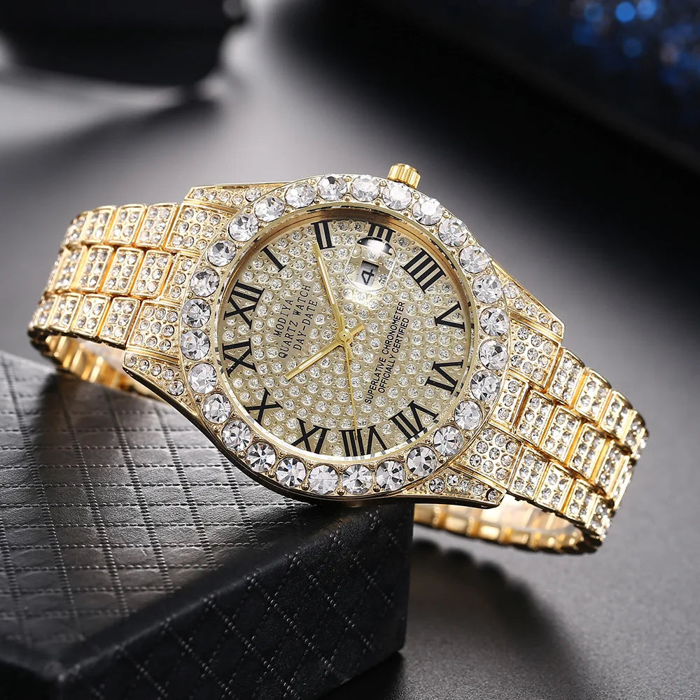 Montre homme Hip Hop Iced Out entièrement en strass AAA autour des montres à quartz de luxe horloge ronde montre-bracelet unisexe cadeau pour petit ami