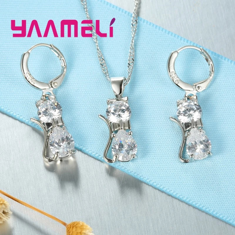 Real 925 Sterling Silver Color Jewelry Sets for Woman Girls Shining Austrian Crystal Cute Cat Pendant Necklace Huggie Earring