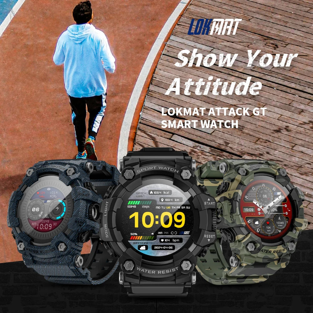 LOKMAT Rugged Sport Smart Watch ATTACK-GT Bluetooth Calls Colorful Waterproof Military Smartwatches with Flashlight for Phone