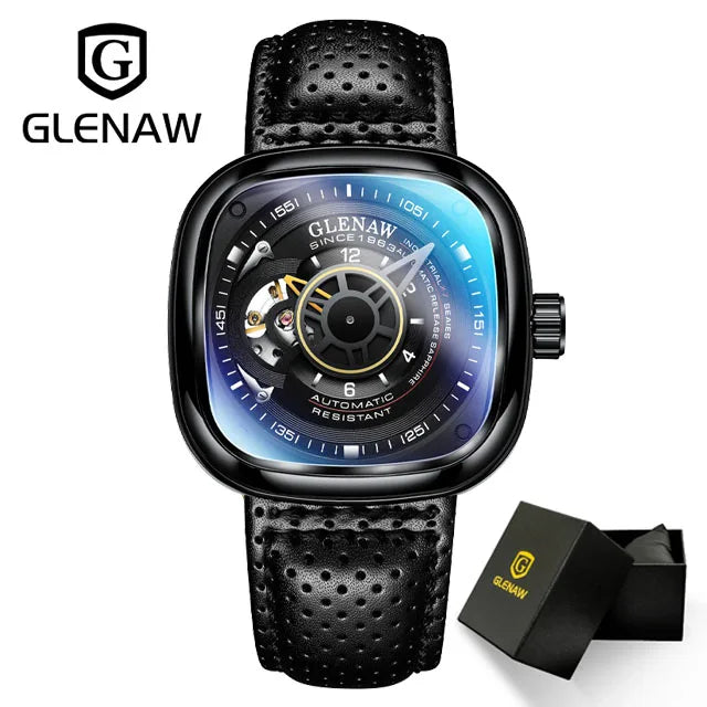 GLENAW Design Mechanical Watch For Men Fashion Business High Quality Leather Automatic Watches Square Stainless Steel Clock+Box