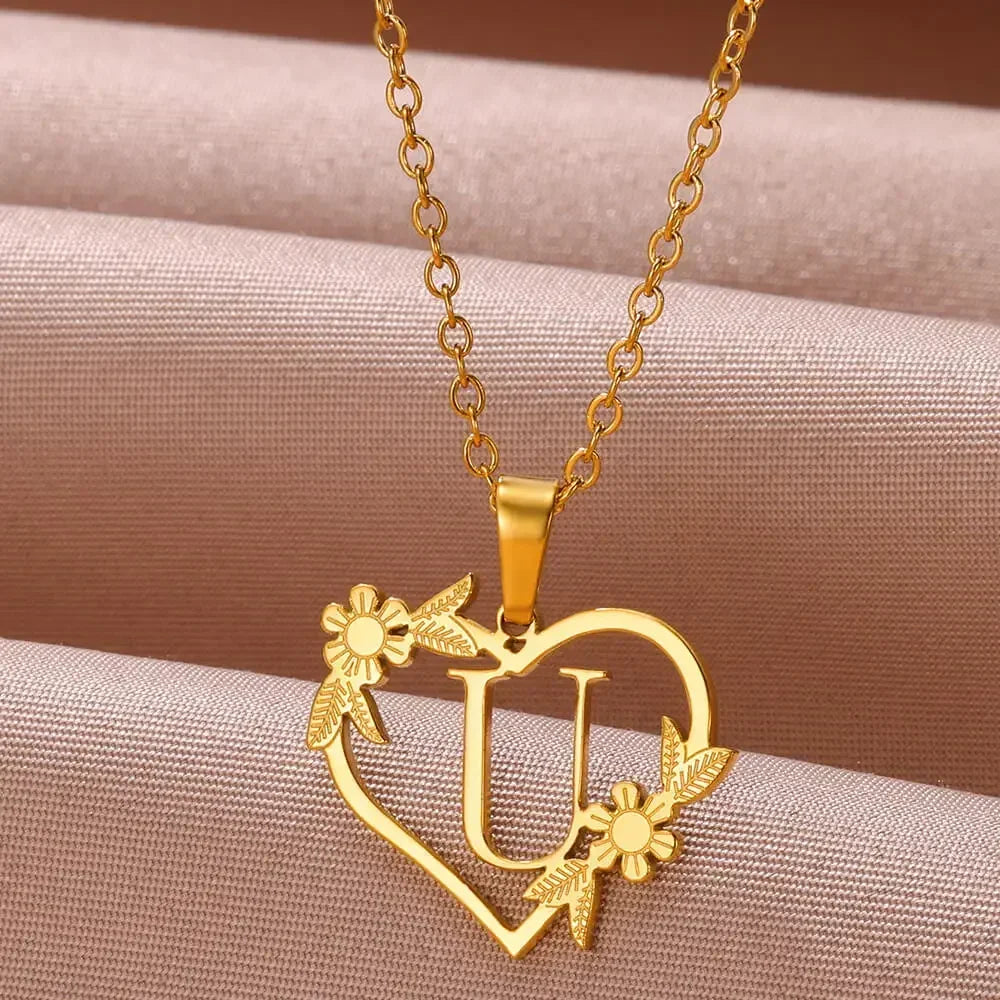 Gold Color Dainty Flower Initials Necklace Women Girl Stainless Steel Heart Letter Choker Necklace Best Gifts Alphabet Jewelry