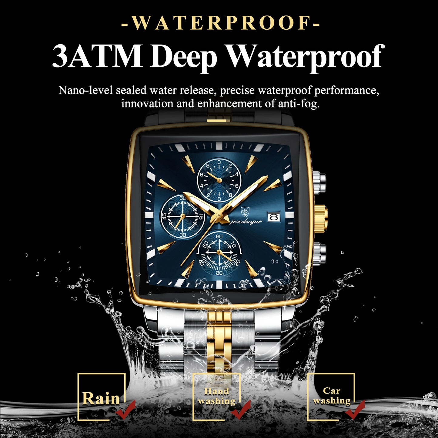 POEDAGAR Fashion Men Watch Luminous Waterproof Chronograph Date Man Wristwatch Square Stainless Steel Quartz Men's Watches Reloj