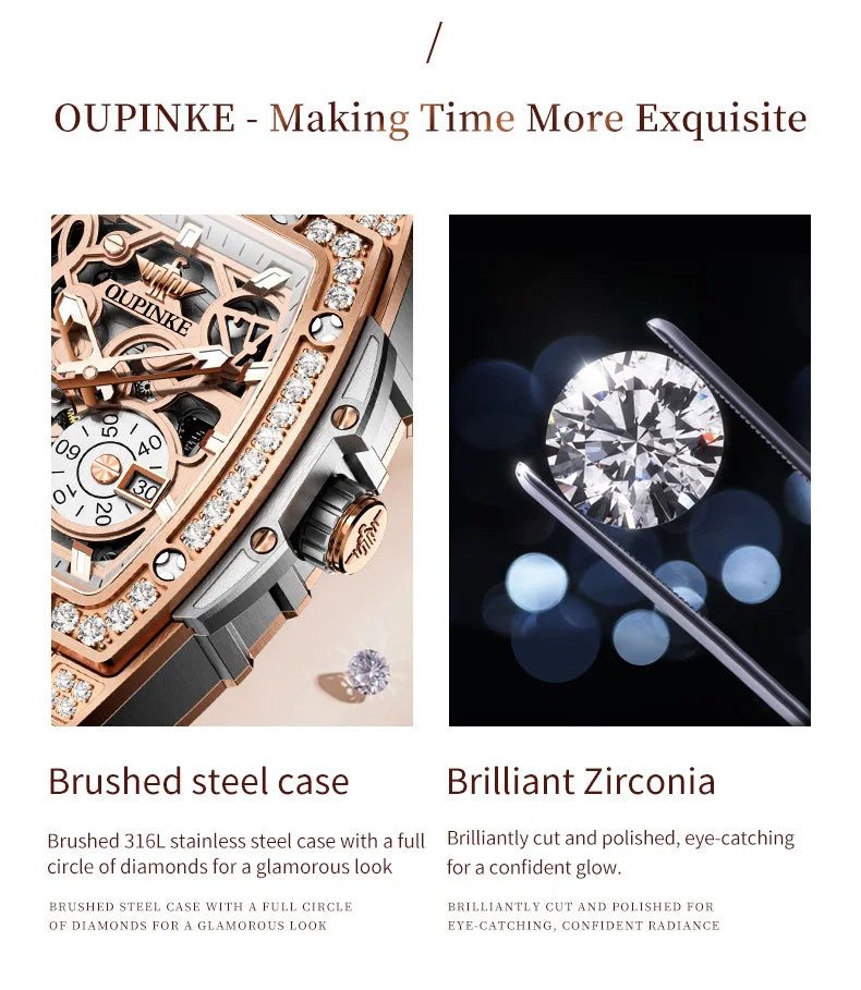 OUPINKE 3220 Flywheel Skeleton Mechanical Watch For Women Diamond Luxury Silicone Strap Wristwatch Sapphire Mirror Dress Watch