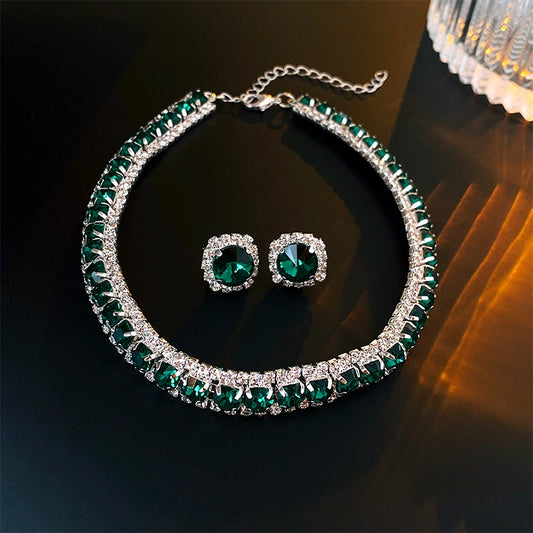 Luxury Green Rhinestone Necklace Stud Earrings For Women Crystal Choker Necklaces Ladies Fashion Weddings Banquet Jewelry Set