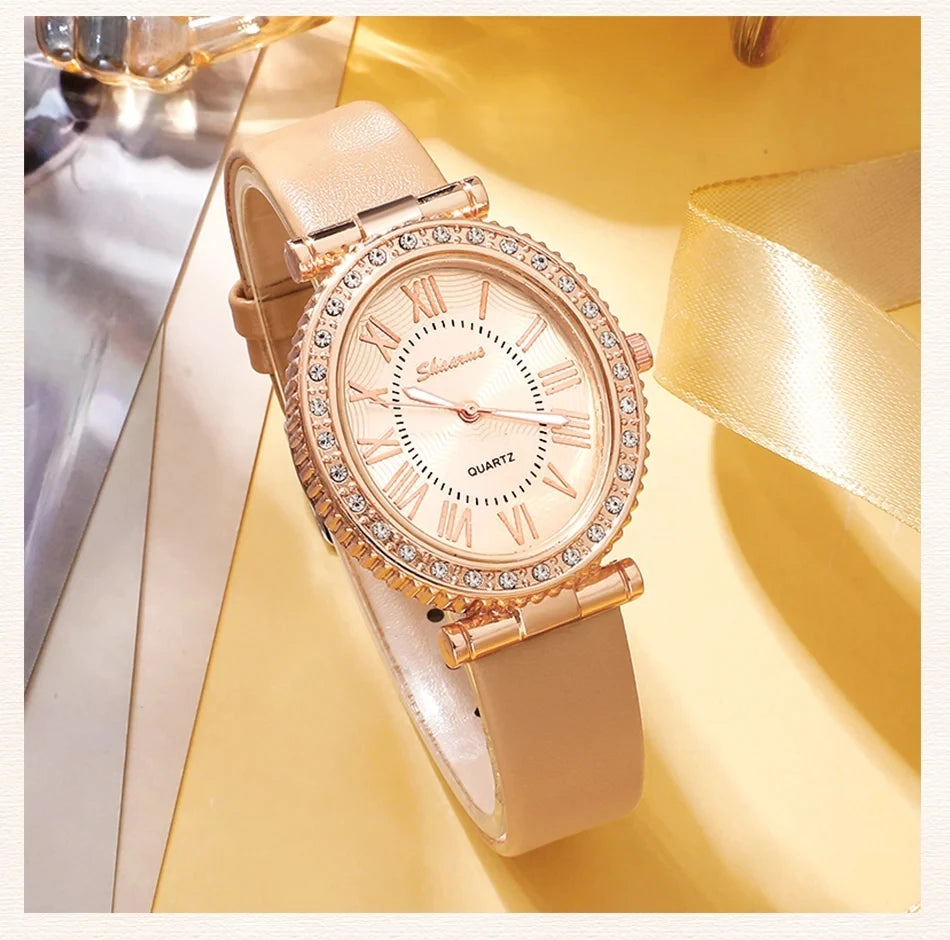 Women's Fashion Quartz Watch Luxury Leather Band Analog WristWatch Ladies Watch Women Dress Bracelet Set Reloj Mujer Clock