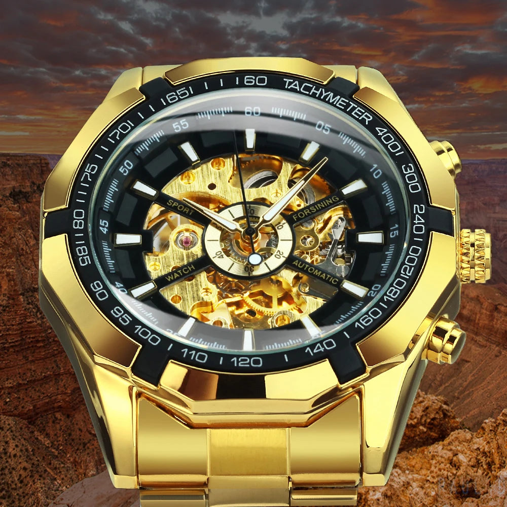 WINNER Classic Skeleton Watch for Men Luminous Hands Mechanical Watches Stainless Steel Strap Luxury Brand Forsining Wristwatch