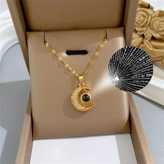 Fashion Trend Stainless Steel Moon Necklace Gold Color for Women Girl Moon Clavicle Pendant 100 Languages I Love You Gift