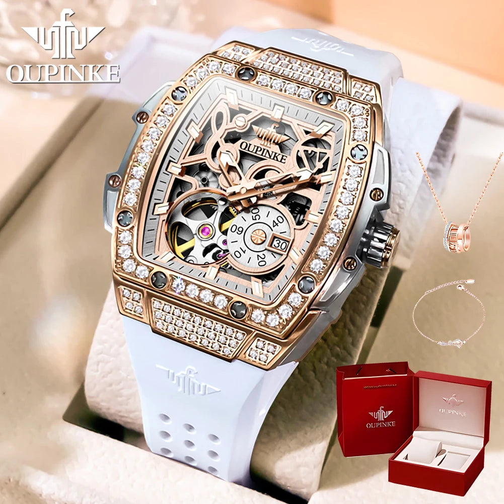 OUPINKE 3220 Flywheel Skeleton Mechanical Watch For Women Diamond Luxury Silicone Strap Wristwatch Sapphire Mirror Dress Watch