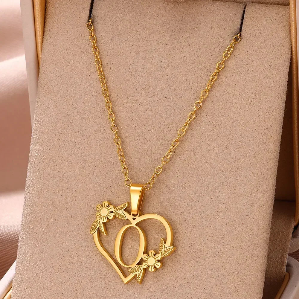 Gold Color Dainty Flower Initials Necklace Women Girl Stainless Steel Heart Letter Choker Necklace Best Gifts Alphabet Jewelry