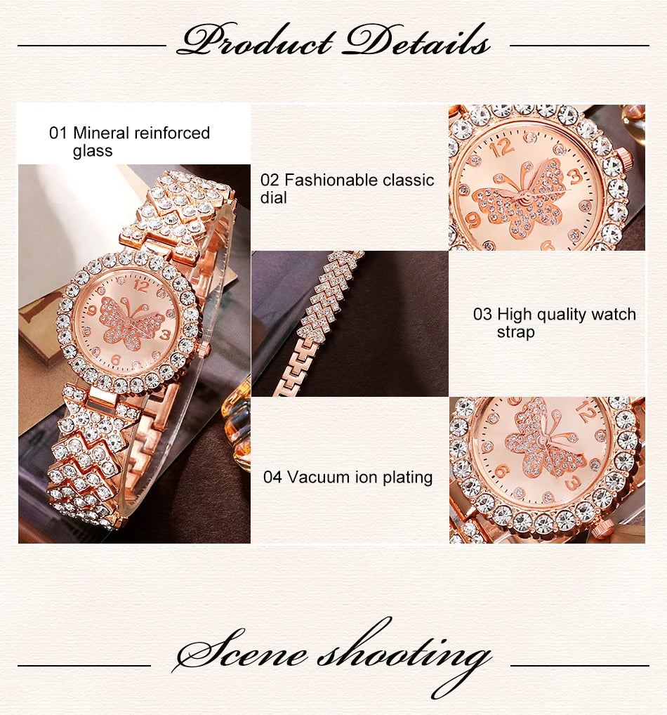 6pcs Jewelry Set Rose Gold Luxury Watch Women Ring Necklace Earring Rhinestone Fashion Wristwatch Casual Ladies Watches