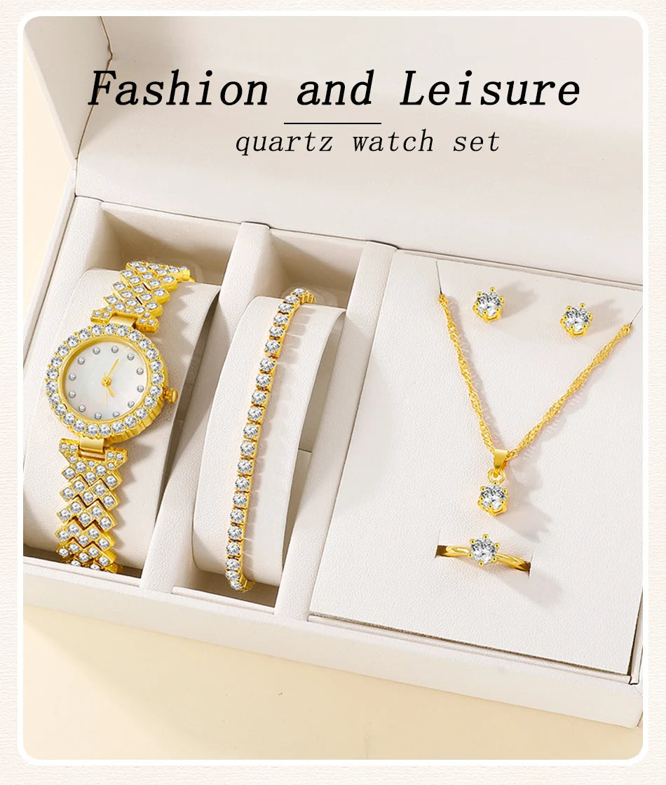 6PCS Set Luxury Watch Women Ring Necklace Earring Rhinestone Fashion Wristwatch Casual Ladies Watches Bracelet Set Clock