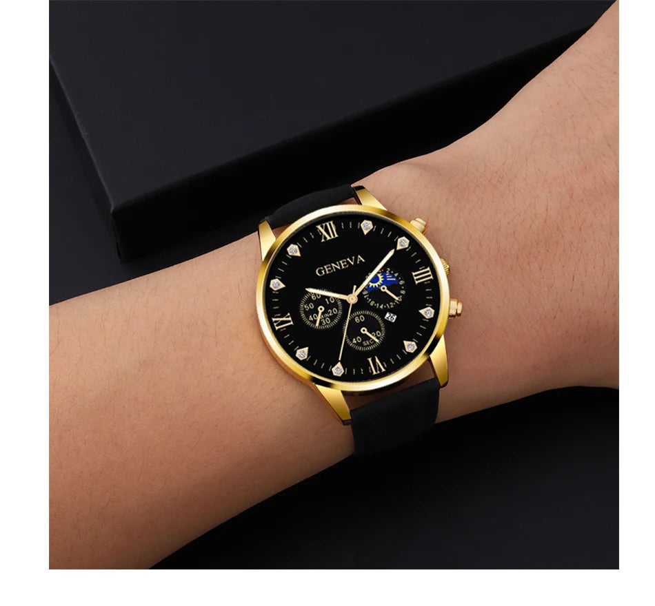 2pcs Luxury Mens Quartz Watches Bracelet Watch Set For Men Business Fashion Casual Round Pointer Calendar Watch