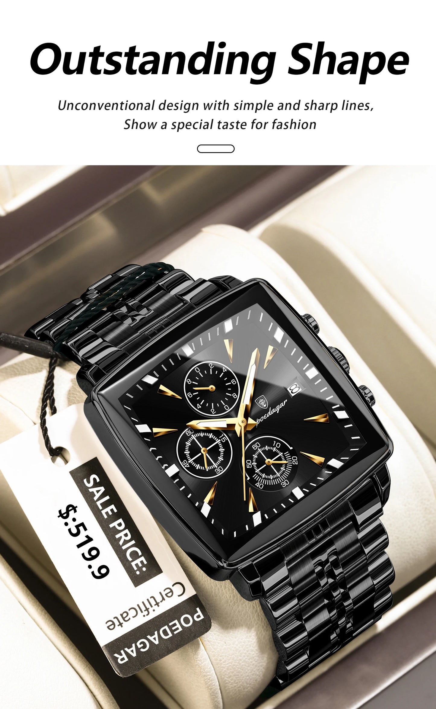 POEDAGAR Business Men Clock Waterproof Luminous Calendar Chronograph Square Man Watch Stainless Steel Quartz Men's Watches Reloj