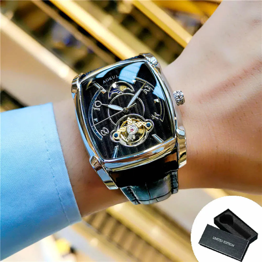 Tonneau Moon Phase Automatic Watch for Men Luxury Brand Tourbillon Skeleton Mechanical Watches Leather Belt Luminous Hands Clock