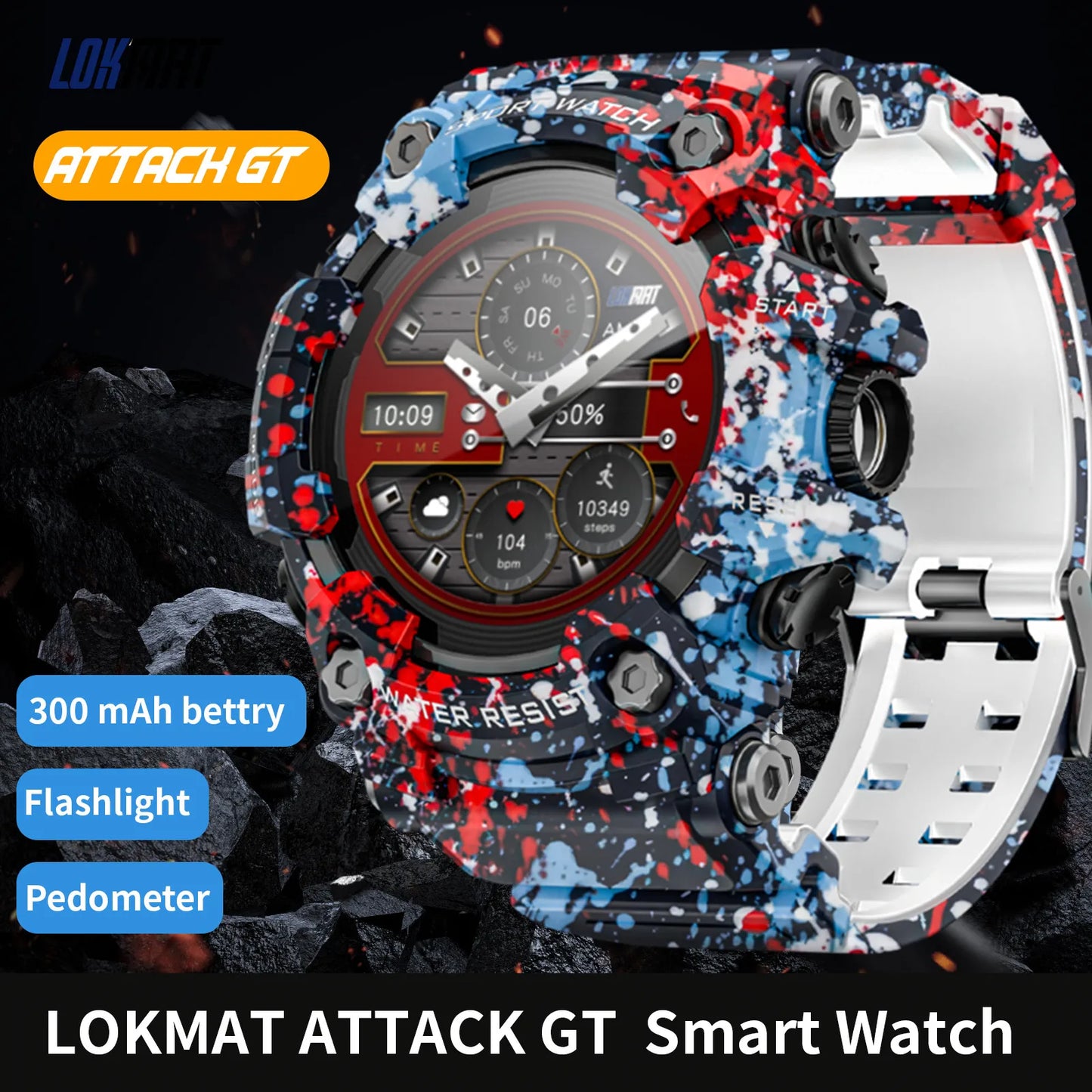 LOKMAT Rugged Sport Smart Watch ATTACK-GT Bluetooth Calls Colorful Waterproof Military Smartwatches with Flashlight for Phone