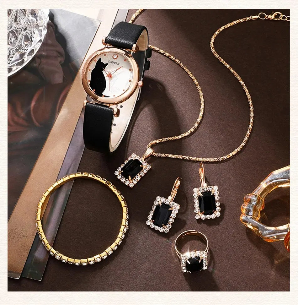 6PCS Set Women Fashion Quartz Watch Female Clock Cute Cat Dial Luxury Brand Design Ladies Leather Wrist Watch Montre Femme