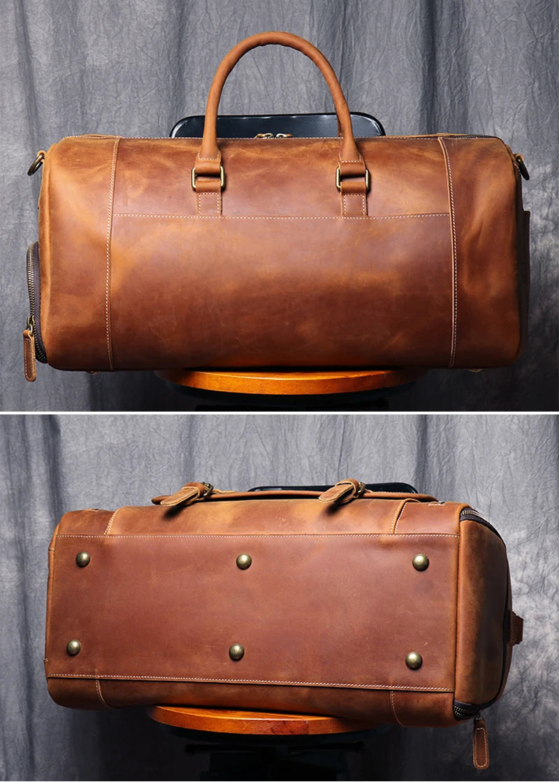 MUNUKI Vintage Crazy Horse Genuine Leather Travel bag  Large Luggage bag men Leather duffle bag Large Weekend Bag Tote Big