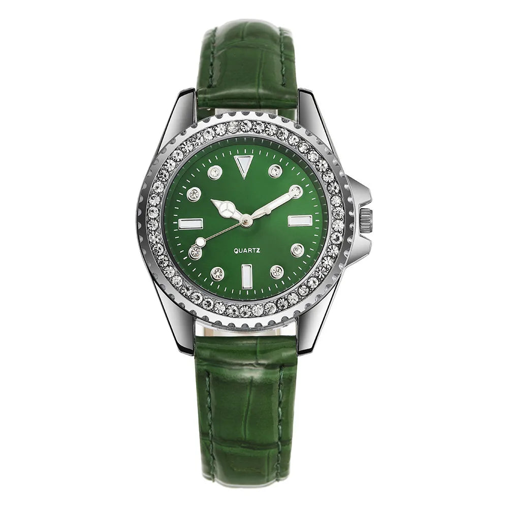 Ladies Luxury Diamond Branded Quartz Watch Fashion 2024 New Simple Green Leather Women's Dress Clock Watch DDP